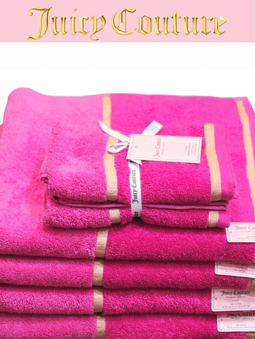 Juicy Couture Home Gold Embroidered Double Stripe Plush Bath & Hand Towel Set